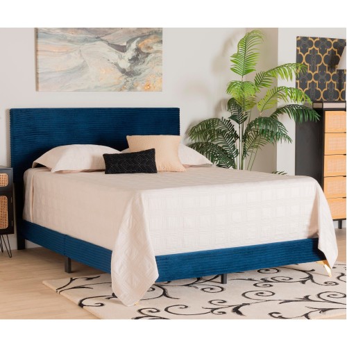 Abberton Navy Blue Velvet Fabric Queen Size Panel Bed